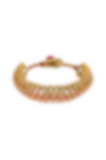 Gold Finish Red Kundan Polki & Pearl Adjustable Jadau Bangle by Maisara Jewelry at Pernia's Pop Up Shop