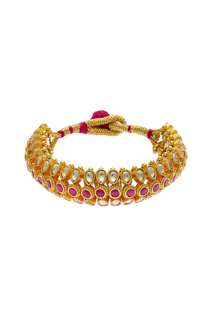 Gold Finish Red Kundan Polki & Pearl Adjustable Jadau Bangle by Maisara Jewelry at Pernia's Pop Up Shop