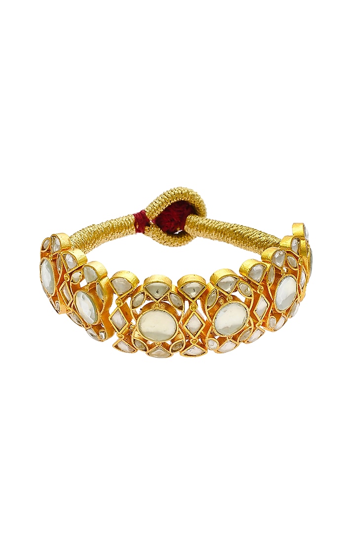 Gold Finish Kundan Polki & Pearl Adjustable Jadau Bangle by Maisara Jewelry at Pernia's Pop Up Shop