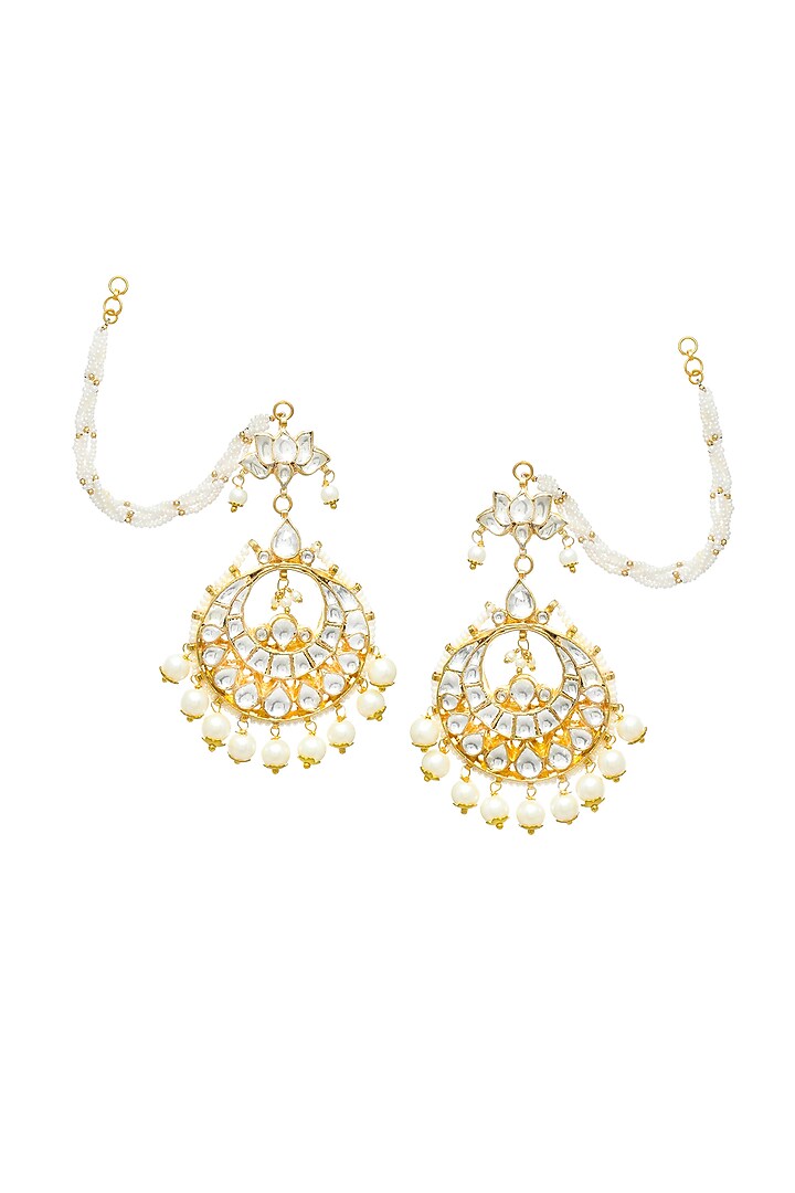 Gold Finish Kundan Polki & Pearl Handmade Jadau Chandbali Earrings by Maisara Jewelry at Pernia's Pop Up Shop