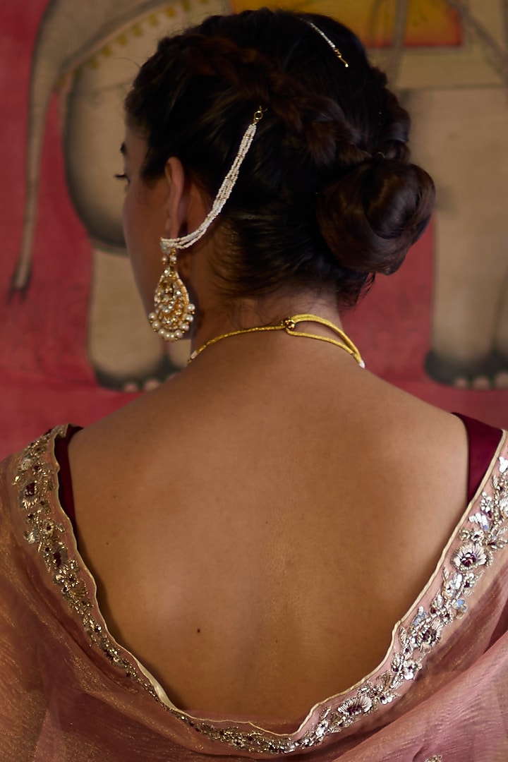 Gold Finish Kundan Polki & Pearl Handmade Jadau Chandbali Earrings by Maisara Jewelry at Pernia's Pop Up Shop