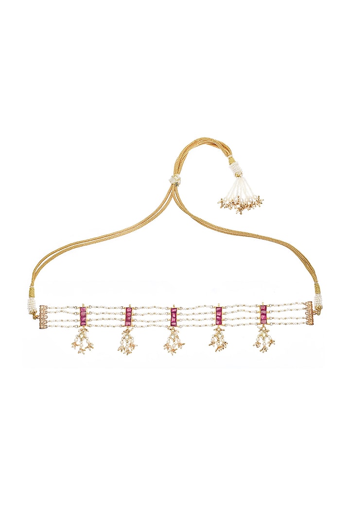 Gold Finish Red Kundan Polki & Pearl Handmade Jadau Choker Necklace by Maisara Jewelry at Pernia's Pop Up Shop