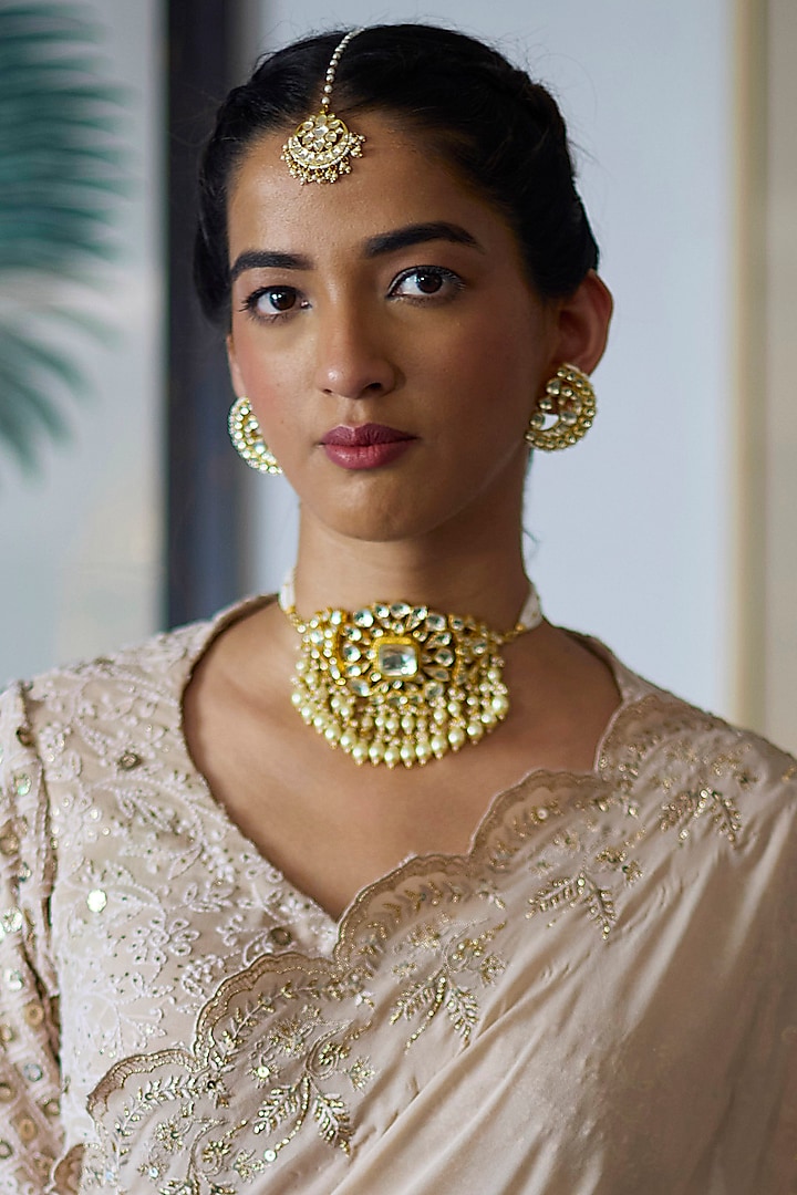 Gold Finish Kundan Polki & Pearl Handmade Jadau Choker Necklace Set by Maisara Jewelry at Pernia's Pop Up Shop