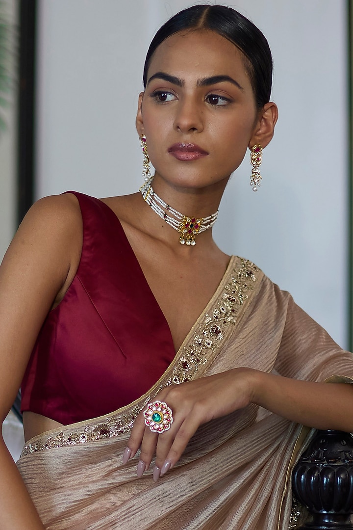 Gold Finish Kundan Polki & Pearl Handmade Jadau Choker Necklace by Maisara Jewelry at Pernia's Pop Up Shop