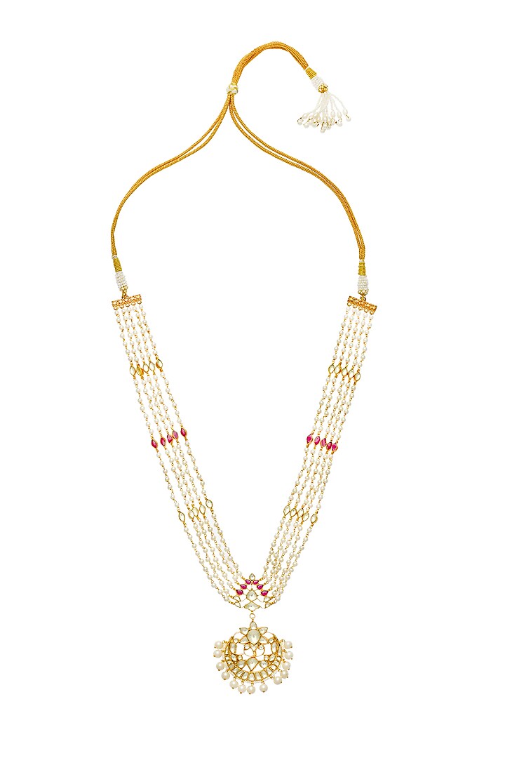 Gold Finish Red Kundan Polki & Pearl Handmade Jadau Long Necklace by Maisara Jewelry at Pernia's Pop Up Shop