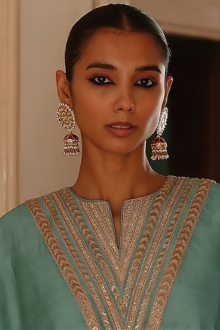 Gold Finish Kundan Polki & Ruby Stone Jadau Jhumka Earrings by Maisara Jewelry at Pernia's Pop Up Shop