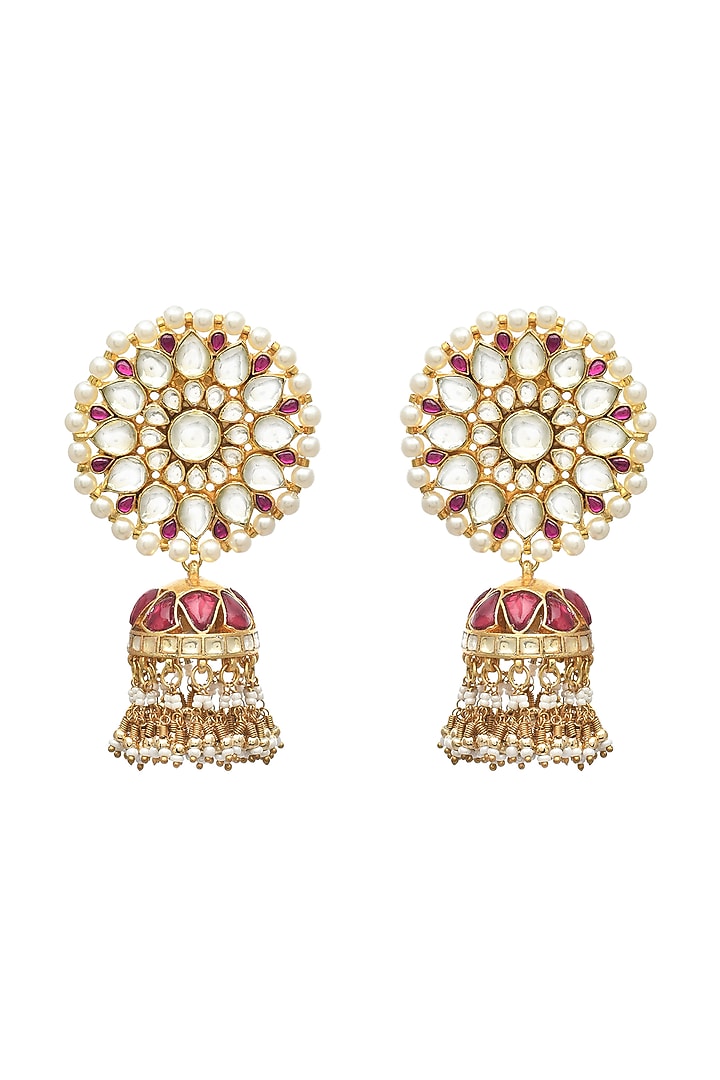 Gold Finish Kundan Polki & Ruby Stone Jadau Jhumka Earrings by Maisara Jewelry at Pernia's Pop Up Shop