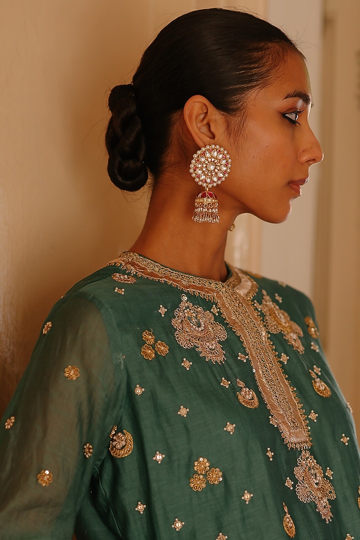 Gold Finish Kundan Polki & Ruby Stone Jadau Jhumka Earrings by Maisara Jewelry at Pernia's Pop Up Shop