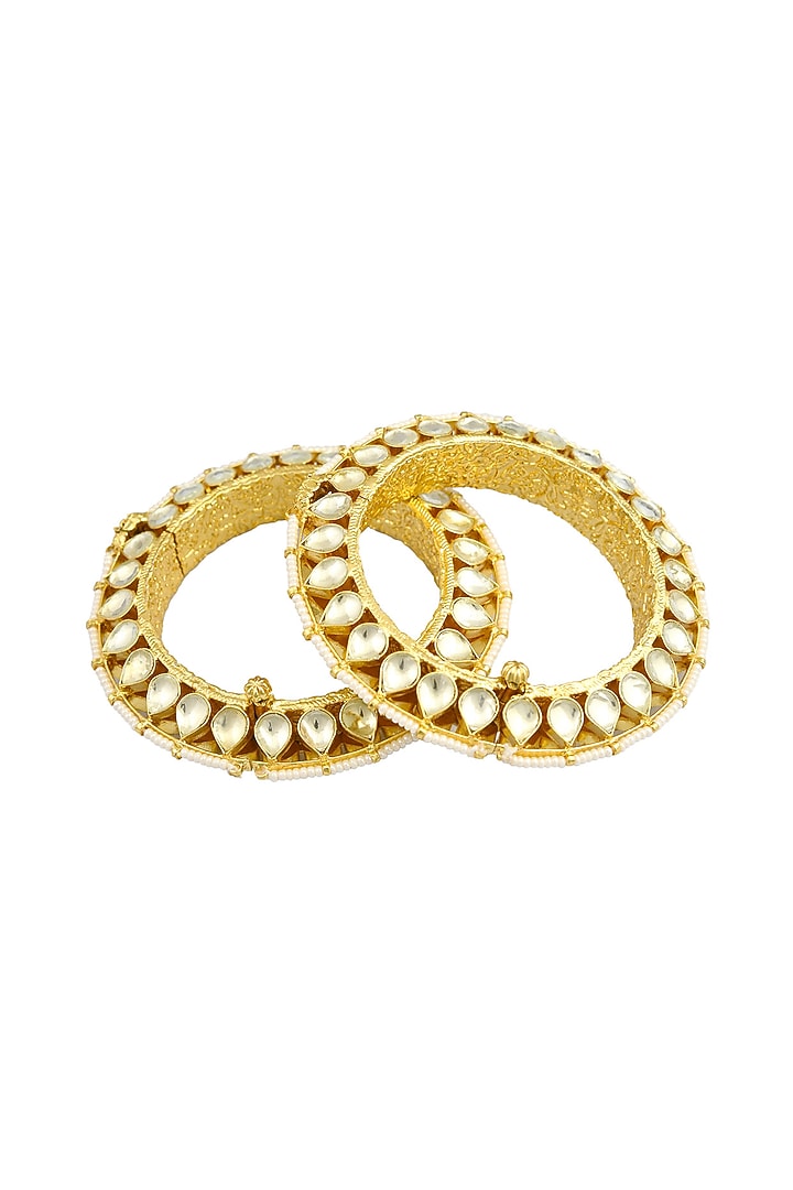 Gold Finish Kundan Polki Jadau Openable Bangles (Set Of 2) by Maisara Jewelry at Pernia's Pop Up Shop