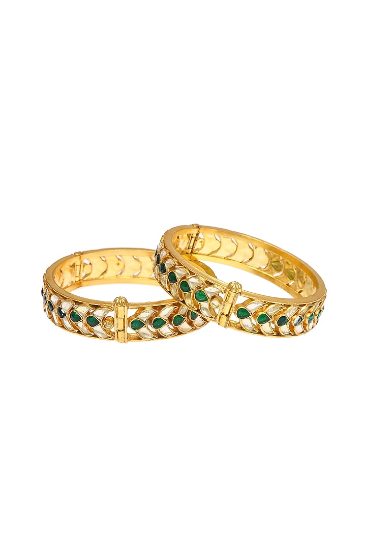 Gold Finish Green Kundan Polki Jadau Openable Bangles (Set Of 2) by Maisara Jewelry at Pernia's Pop Up Shop