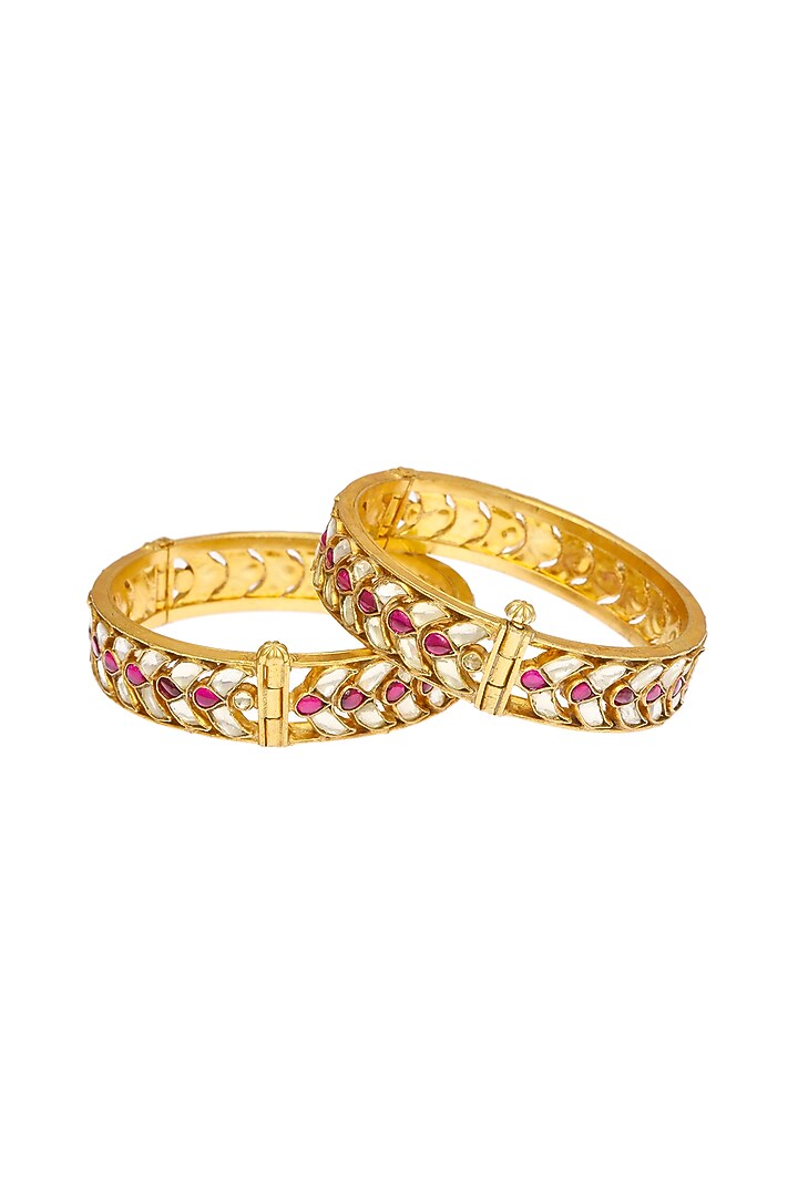 Gold Finish Kundan Polki Green Jadau Openable Bangles (Set Of 2) by Maisara Jewelry at Pernia's Pop Up Shop