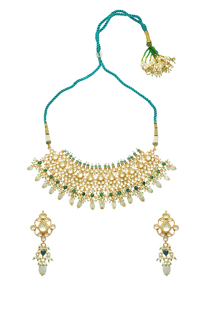 Gold Finish Kundan Polki & Green Onyx Necklace Set by Maisara Jewelry at Pernia's Pop Up Shop