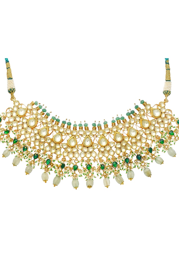 Gold Finish Kundan Polki & Green Onyx Necklace Set by Maisara Jewelry at Pernia's Pop Up Shop