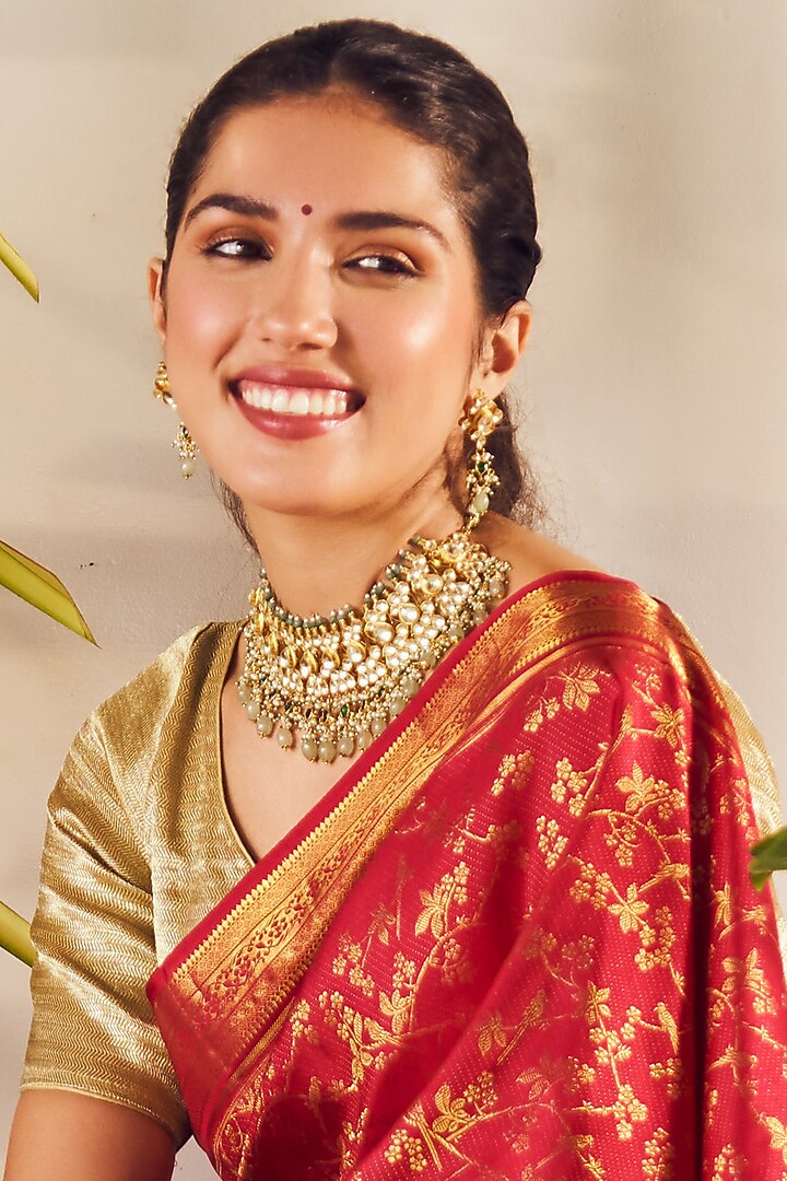 Gold Finish Kundan Polki & Green Onyx Necklace Set by Maisara Jewelry at Pernia's Pop Up Shop