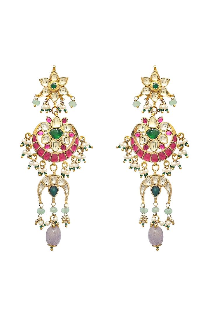 Gold Finish Multi-Colored Kundan Polki Dangler Earrings by Maisara Jewelry at Pernia's Pop Up Shop