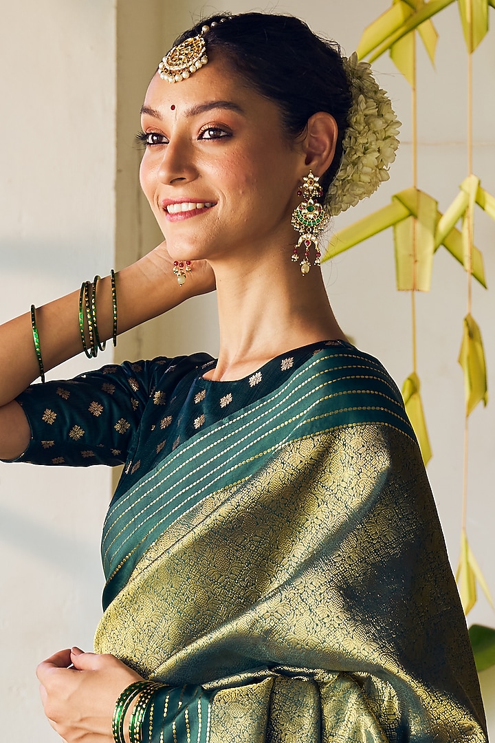 Gold Finish Green Kundan Polki Dangler Earrings by Maisara Jewelry at Pernia's Pop Up Shop