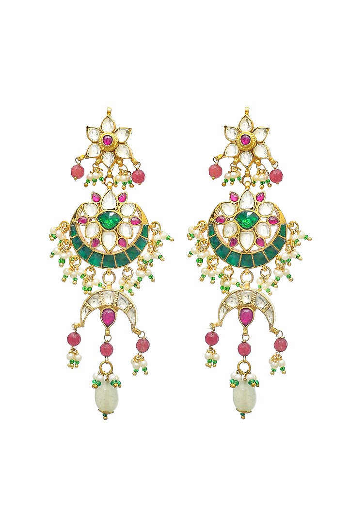 Gold Finish Green Kundan Polki Dangler Earrings by Maisara Jewelry at Pernia's Pop Up Shop