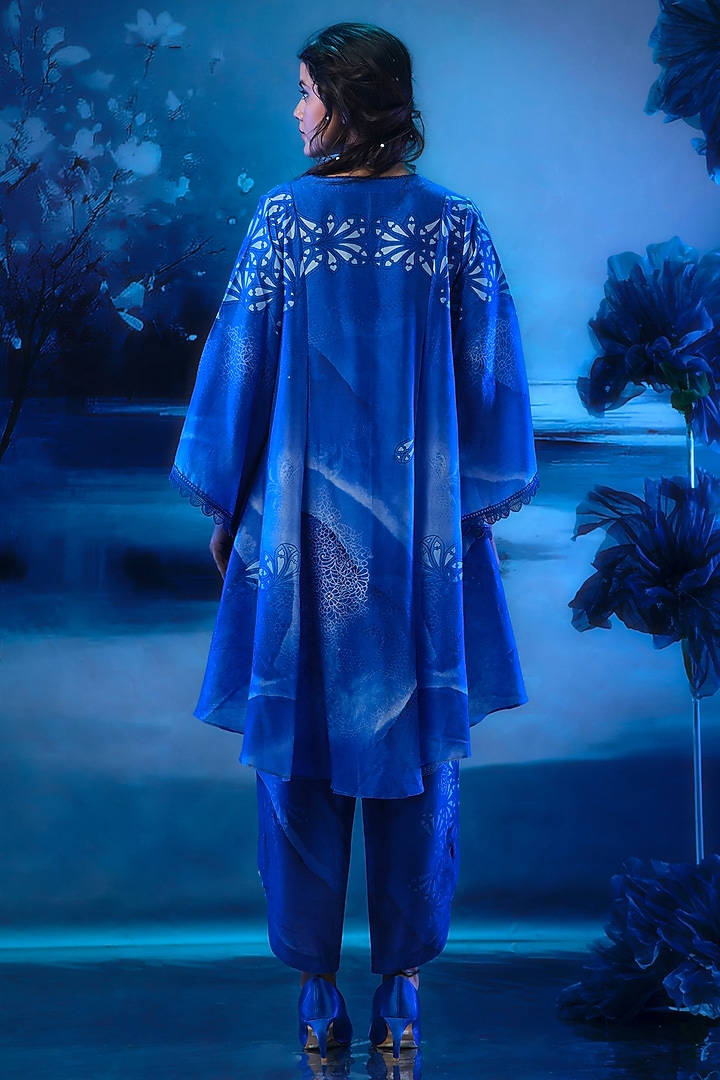 Indigo Blue Chanderi Printed Asymmetric Tunic Set by Mandira Wirk - Indian at Pernia's Pop Up Shop