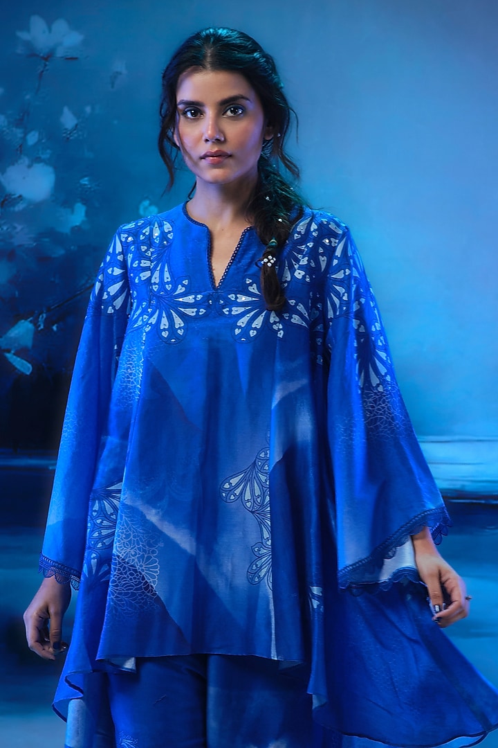 Indigo Blue Chanderi Printed Asymmetric Tunic Set by Mandira Wirk - Indian at Pernia's Pop Up Shop