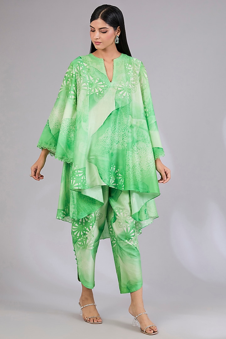 Sage Shimmer Chanderi Printed Co-Ord Set by Mandira Wirk - Indian at Pernia's Pop Up Shop