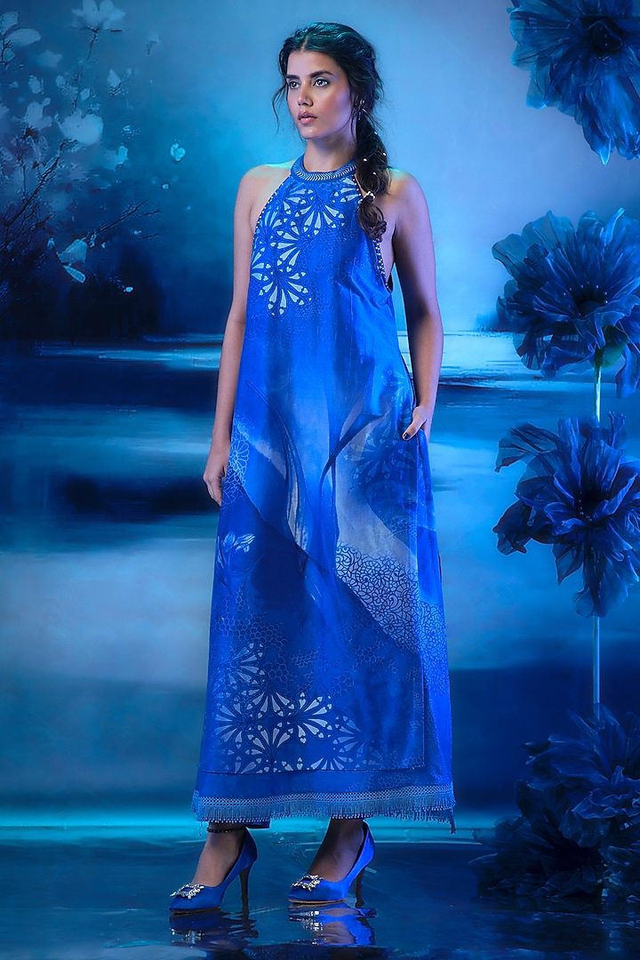 Soft Blue Chanderi Printed Halter Kurta Set by Mandira Wirk - Indian at Pernia's Pop Up Shop