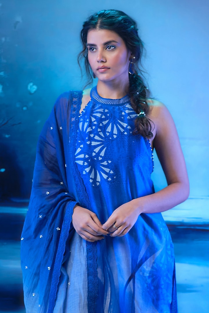 Soft Blue Chanderi Printed Halter Kurta Set by Mandira Wirk - Indian at Pernia's Pop Up Shop