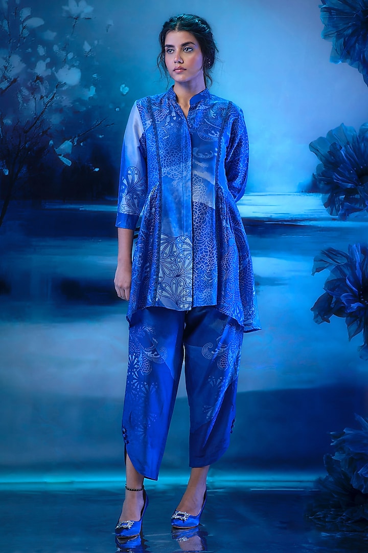 Indigo Blue Chanderi Printed Tunic Set by Mandira Wirk - Indian at Pernia's Pop Up Shop