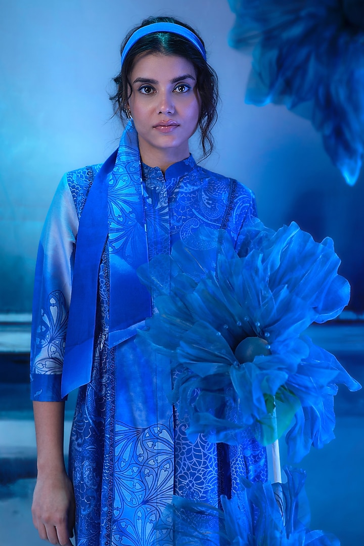 Indigo Blue Chanderi Printed Tunic Set by Mandira Wirk - Indian at Pernia's Pop Up Shop