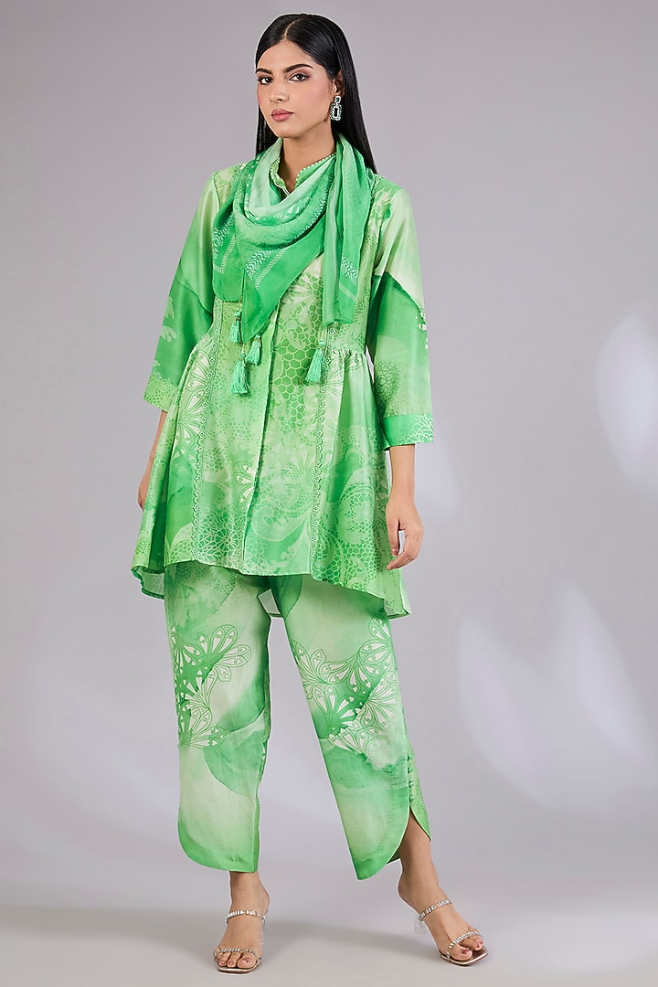 Sage Shimmer Chanderi Printed Co-Ord Set by Mandira Wirk - Indian at Pernia's Pop Up Shop