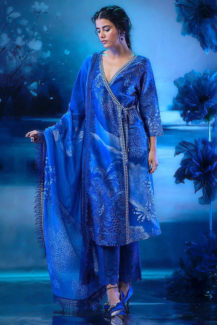 Soft Blue Chanderi Printed Kurta Set by Mandira Wirk - Indian at Pernia's Pop Up Shop