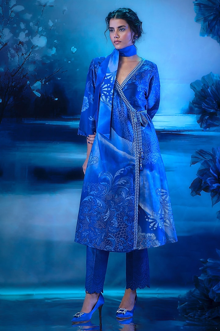 Soft Blue Chanderi Printed Kurta Set by Mandira Wirk - Indian at Pernia's Pop Up Shop