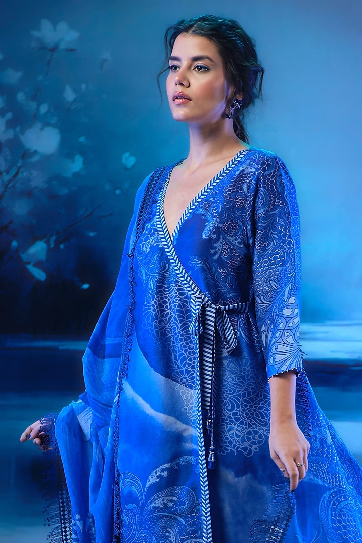 Soft Blue Chanderi Printed Kurta Set by Mandira Wirk - Indian at Pernia's Pop Up Shop