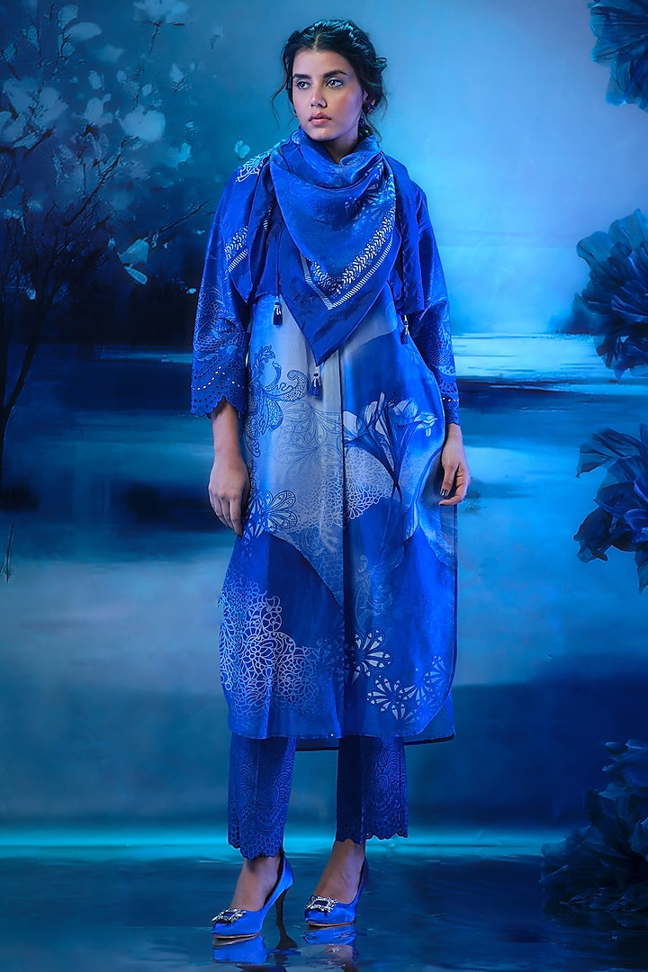 Soft Blue Chanderi Printed Kurta Set by Mandira Wirk - Indian at Pernia's Pop Up Shop