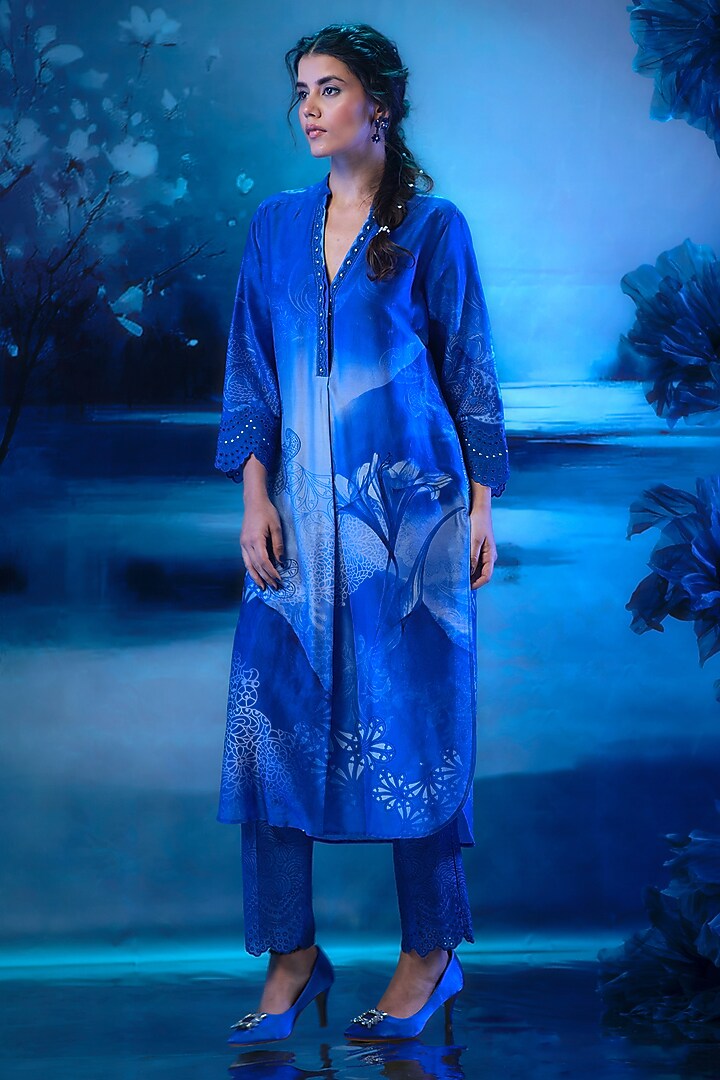 Soft Blue Chanderi Printed Kurta Set by Mandira Wirk - Indian at Pernia's Pop Up Shop