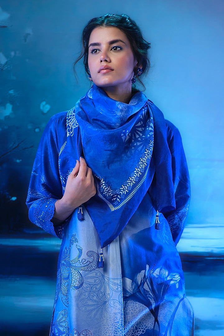 Soft Blue Chanderi Printed Kurta Set by Mandira Wirk - Indian at Pernia's Pop Up Shop