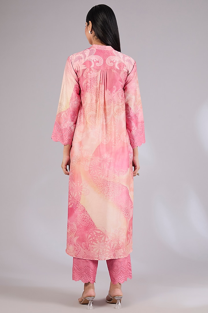 Champagne Gold & Pink Chanderi Printed Kurta Set by Mandira Wirk - Indian at Pernia's Pop Up Shop