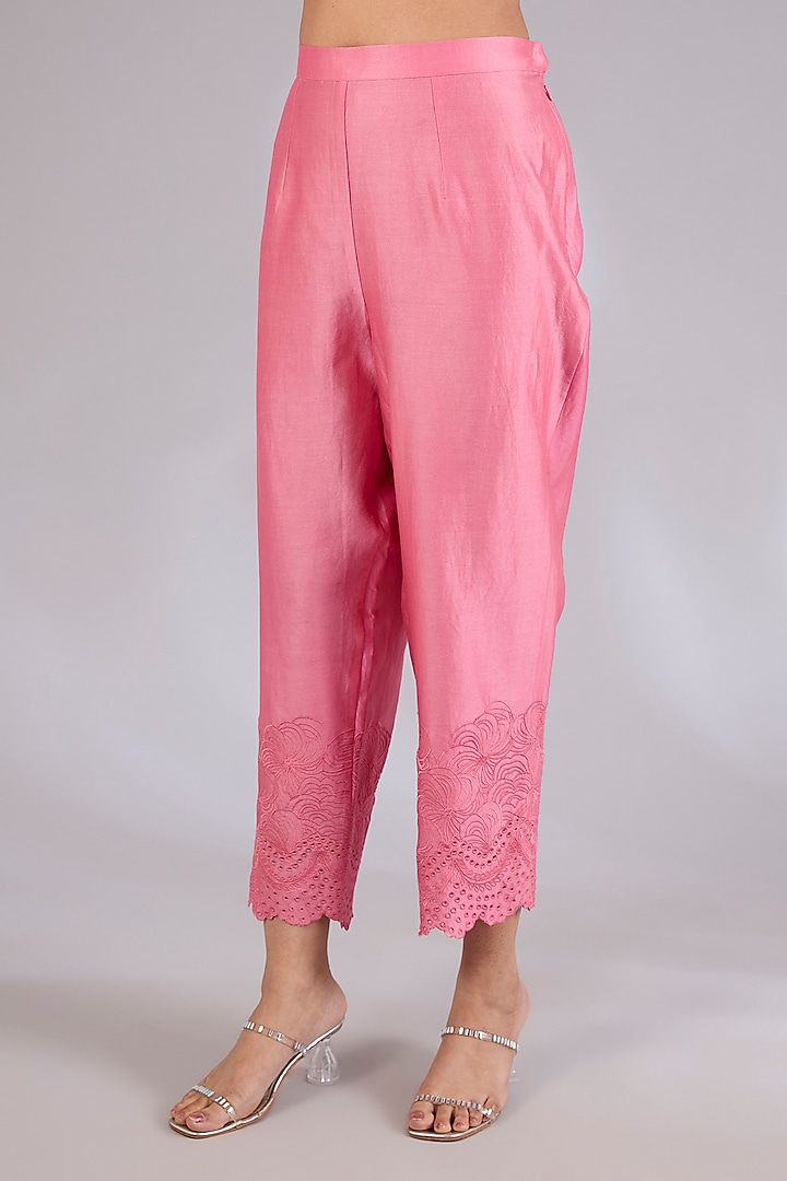 Champagne Gold & Pink Chanderi Printed Kurta Set by Mandira Wirk - Indian at Pernia's Pop Up Shop