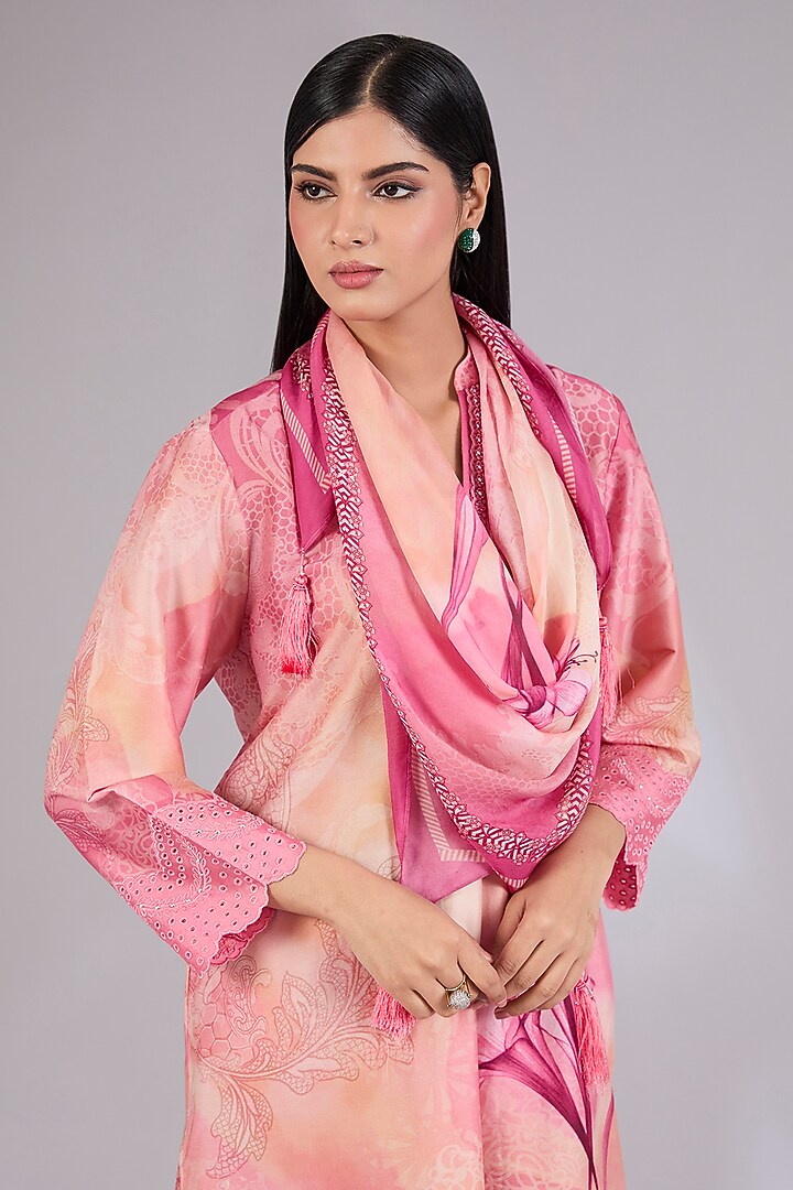 Champagne Gold & Pink Chanderi Printed Kurta Set by Mandira Wirk - Indian at Pernia's Pop Up Shop