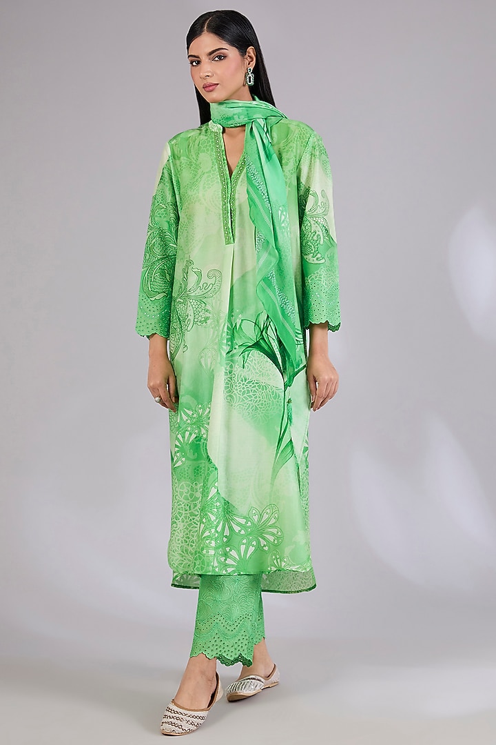 Sage Shimmer Chanderi Printed Kurta Set by Mandira Wirk - Indian at Pernia's Pop Up Shop