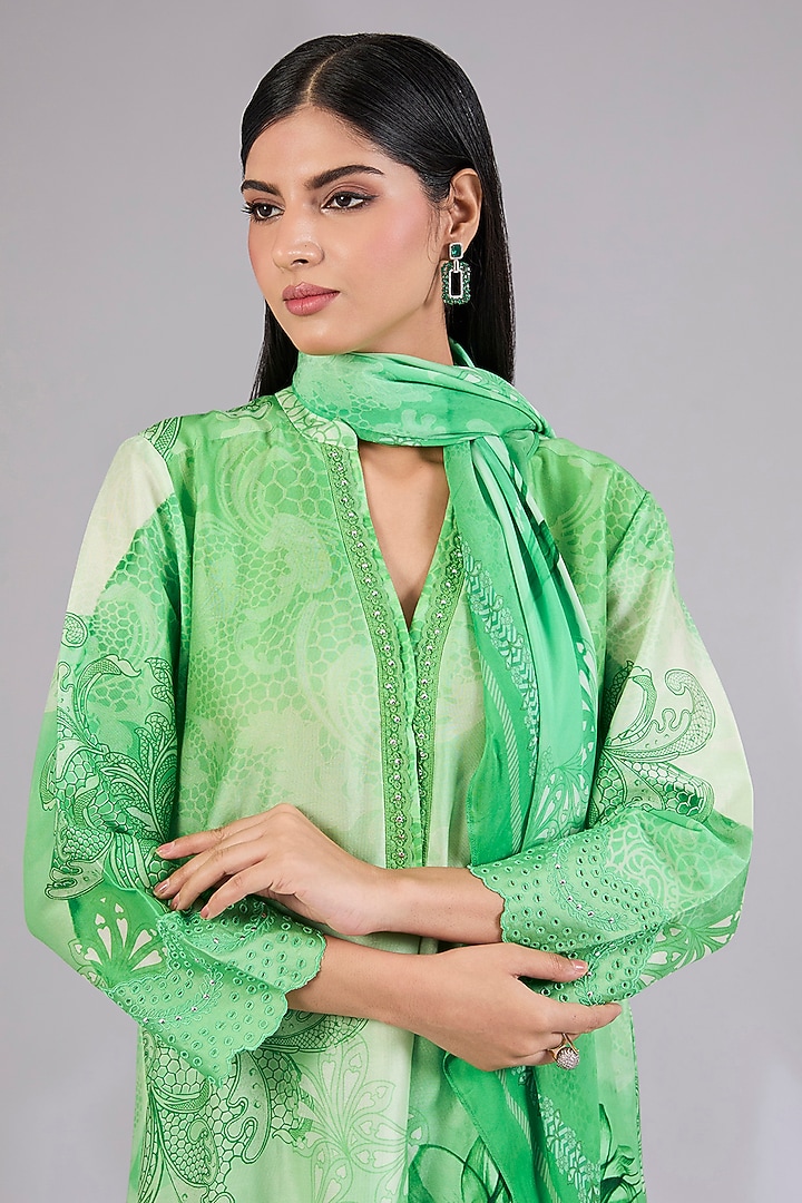 Sage Shimmer Chanderi Printed Kurta Set by Mandira Wirk - Indian at Pernia's Pop Up Shop