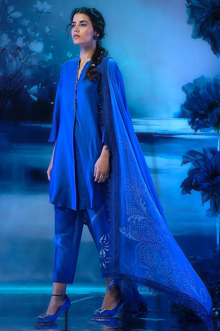 Deep Blue Chanderi Embroidered Kurta Set by Mandira Wirk - Indian at Pernia's Pop Up Shop