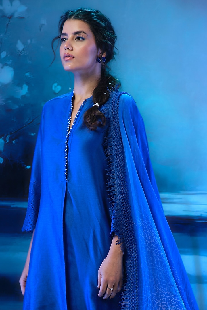 Deep Blue Chanderi Embroidered Kurta Set by Mandira Wirk - Indian at Pernia's Pop Up Shop