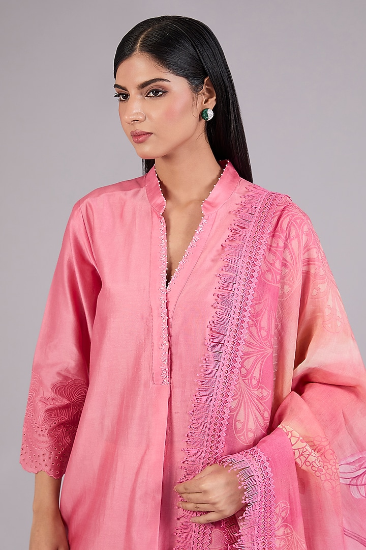 Soft Pink Chanderi Embroidered Kurta Set by Mandira Wirk - Indian at Pernia's Pop Up Shop