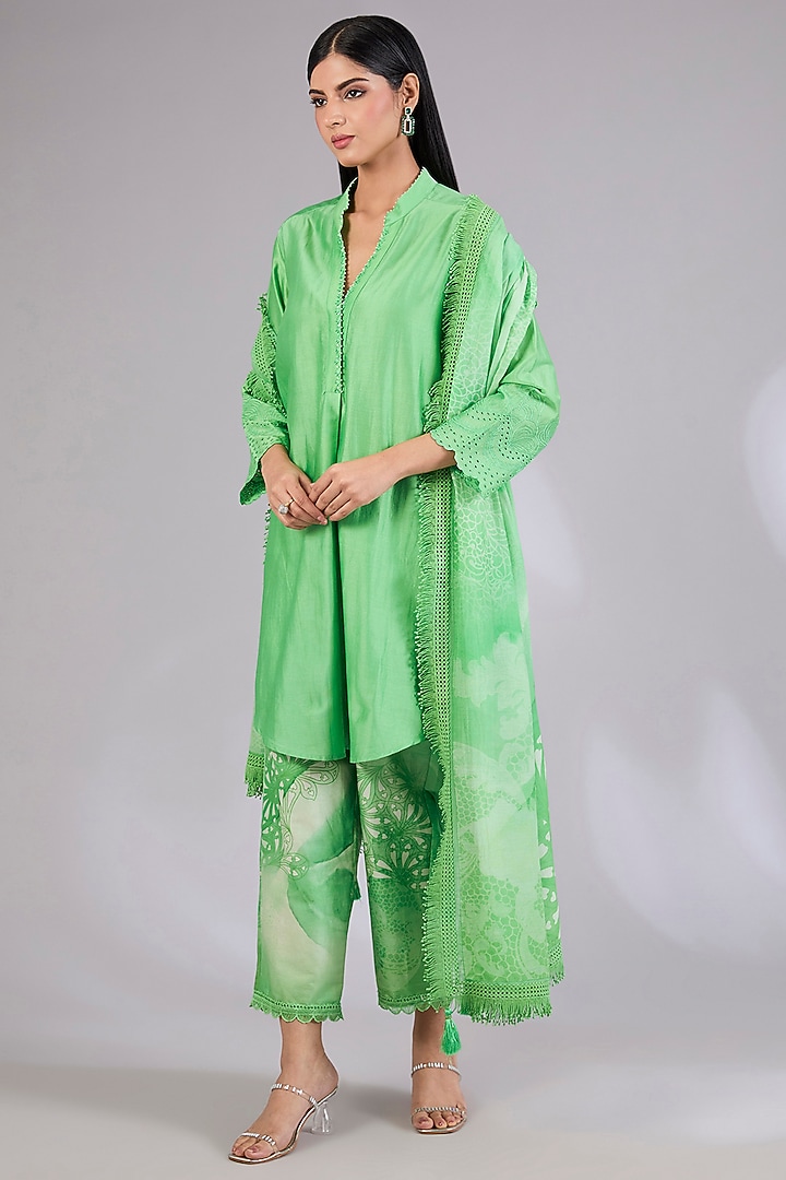 Sage Shimmer Chanderi Embroidered Kurta Set by Mandira Wirk - Indian at Pernia's Pop Up Shop