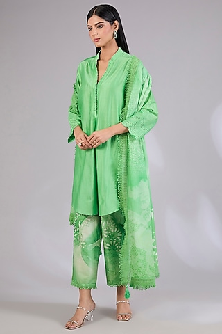 Sage Shimmer Chanderi Embroidered Kurta Set by Mandira Wirk - Indian