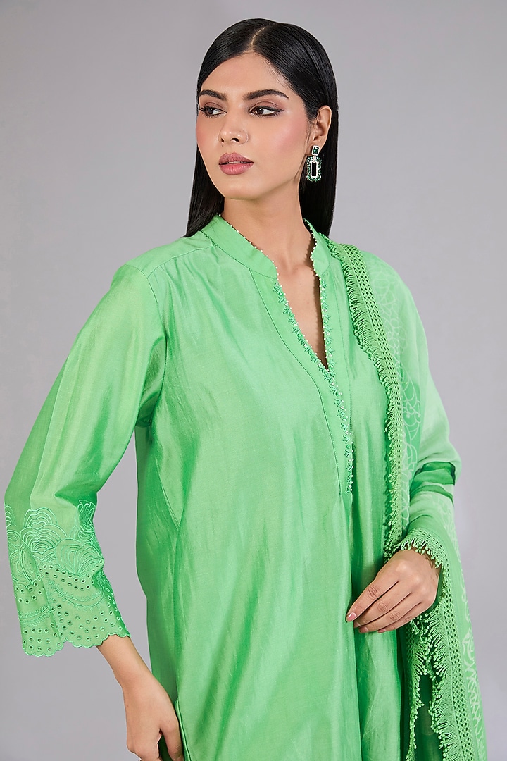 Sage Shimmer Chanderi Embroidered Kurta Set by Mandira Wirk - Indian at Pernia's Pop Up Shop