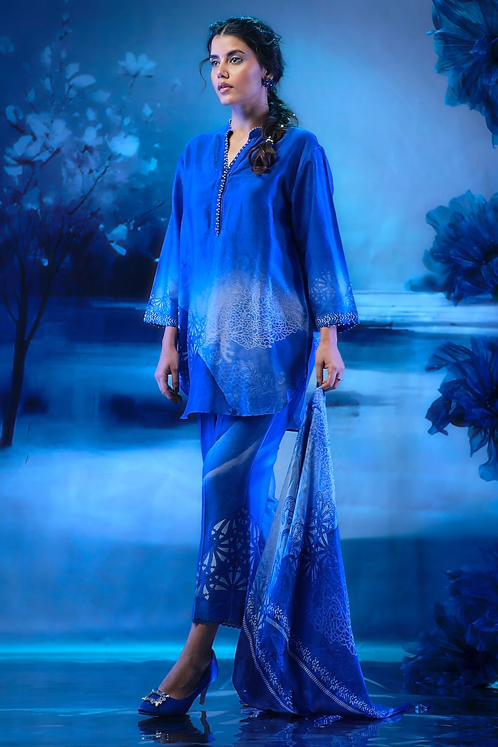 Indigo Blue Chanderi Printed & Embroidered Kurta Set by Mandira Wirk - Indian at Pernia's Pop Up Shop