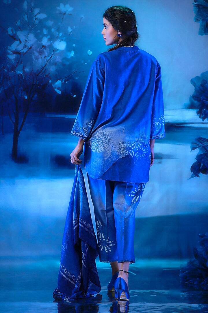 Indigo Blue Chanderi Printed & Embroidered Kurta Set by Mandira Wirk - Indian at Pernia's Pop Up Shop