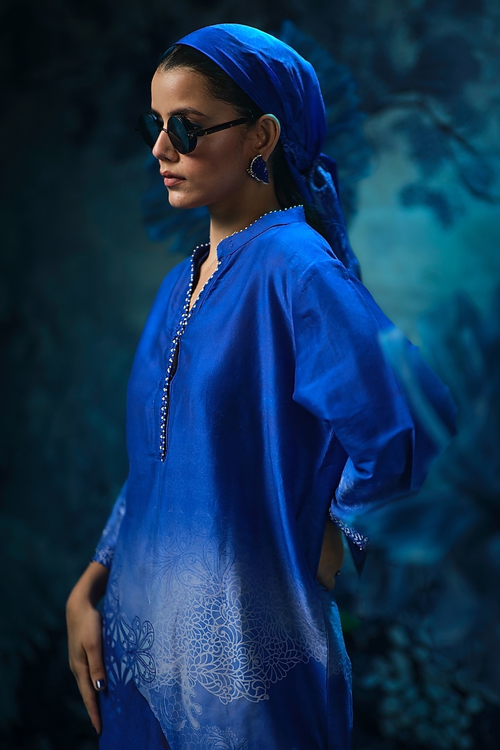 Indigo Blue Chanderi Printed & Embroidered Kurta Set by Mandira Wirk - Indian at Pernia's Pop Up Shop