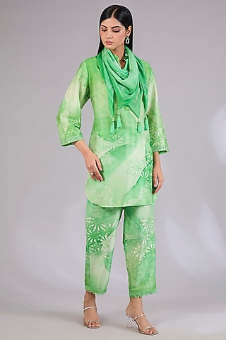 Sage Shimmer Chanderi Printed Co-Ord Set by Mandira Wirk - Indian